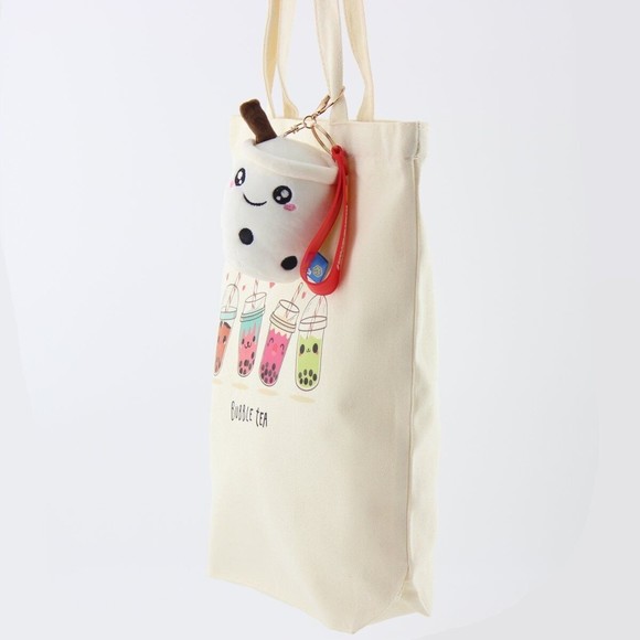 Canvas Boba Tote Bag Zipper with a White Boba Keychain - Picture 2 of 6